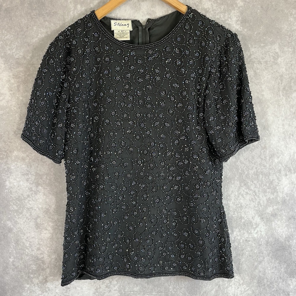 Stenay Beaded Silk Blouse Womens Medium Black Iridescent Swirl Short Sleeve Top